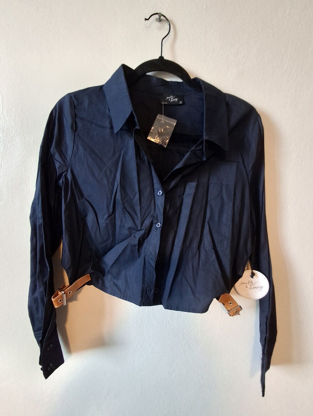 Navy Cropped Button-Down Shirt with Buckle Detail -